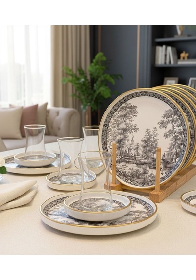 18 Parça Antik Gri Pasta Çay Takımı Seti-5883 Çok Renkli