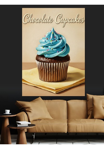 Ahşap Tablo Mavi Kremalı Cupcake Lezzetli Yiyecek Ve İçecek Tabloları