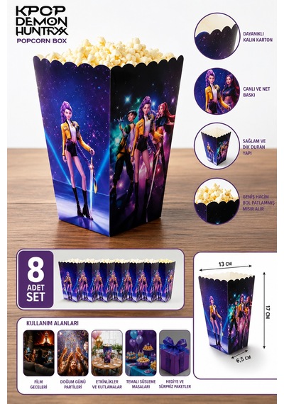 K Pop Huntrix Demon Hunters Mısır Kutusu 8'li Popcorn Kutusu Doğum Günü Parti Seti