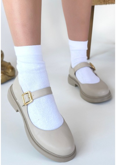 Roof Atelier Kadın Bej Bilekten Bağlamalı Loafer Ayakkabı - Yokox Çok Renkli