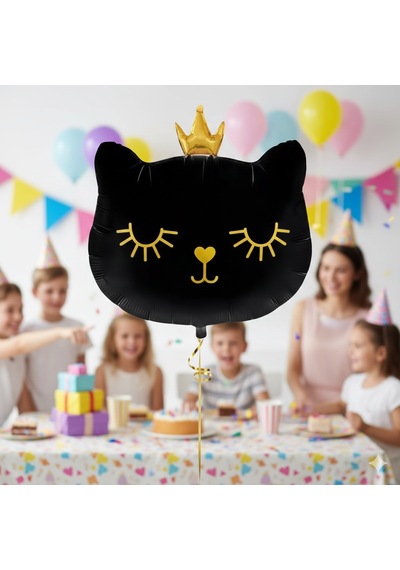 30 İnç Siyah Kedi Kafası Taçlı Folyo Balon - Doğum Günü Parti Dekorasyon Balonu Çok Renkli
