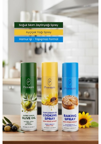 Premium Sprey Yağ Serisi, Zeytinyağı, Ayçiçek Yağı Ve Hamur İşleri İçin Bitkisel Yağ, 250 Ml Sprey Şişelerde
