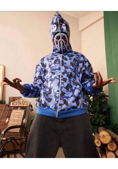 Mbb E-ticaret Unisex 2 İplik Bape Kapüşonu Fermuarlı Hırka - Mavi