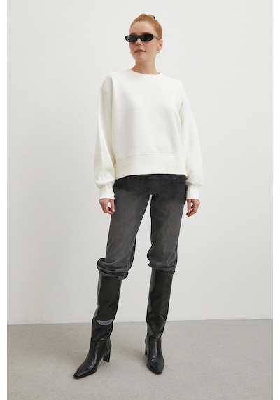 Eteği Dantelli Oversize Sweatshirt Beyaz Beyaz