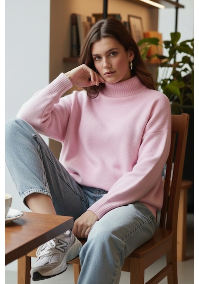 Lela Premium Oversize Fit Balıkçı Yaka Yumuşak Dokulu Triko Bayan Kazak 680Kz00469 Şeker Pembe