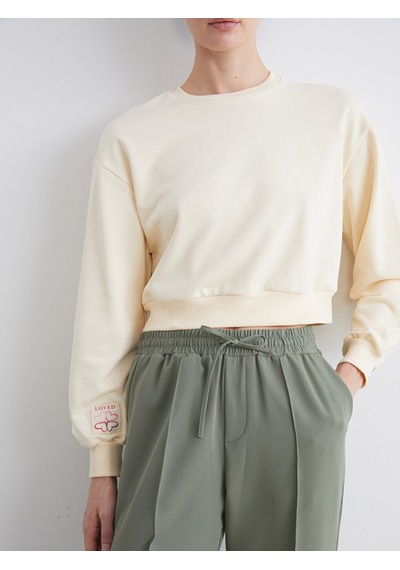 Lcw Eco Ekru Bisiklet Yaka Nakışlı Kadın Sweatshirt