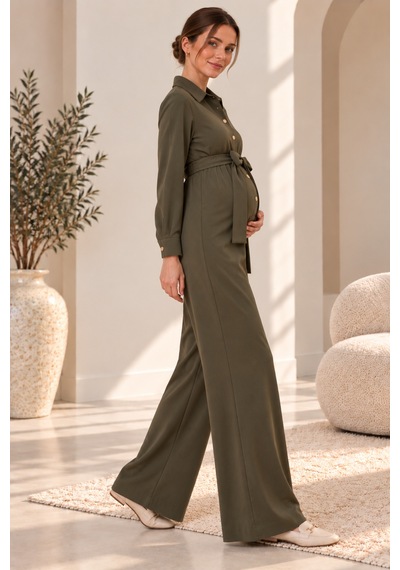 Luvmabelly Myra6170 Hamile Gömlek Yaka Kuşaklı Tulum - Haki