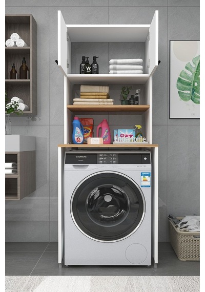 Enda Home Çamaşır Makinesi Dolabı 3 Raflı Kapaklı Banyo Dolabı Beyaz - Atlantik Çam Beyaz - Çam