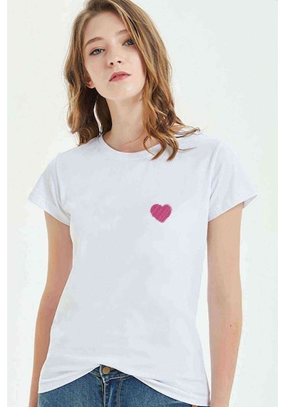 Kalp Logo Pembe Baskılı Beyaz Kadın Tshirt