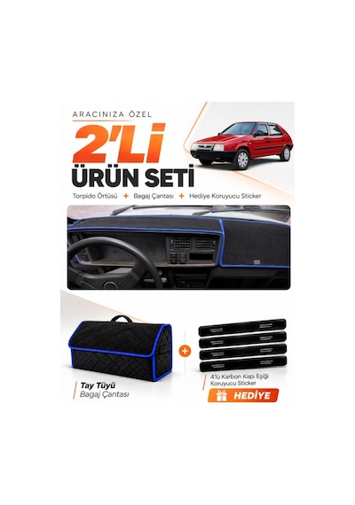 Skoda Favorit 1987-1995 Uyumlu Torpido Örtüsü + Tay Tüyü Bagaj Çantası + Sticker Seti - Siyah Mavi