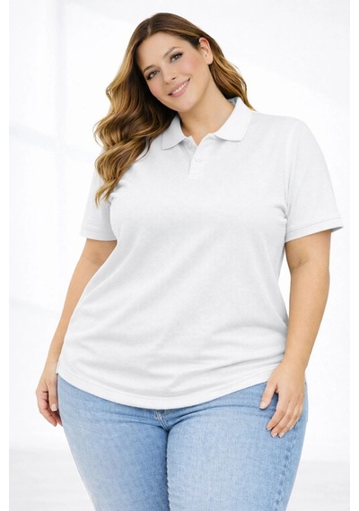 Novalisse Kadın Battal Beden Tişört Polo Yaka Pike Kumaş Kısa Kol T-shirt - Beyaz Çoklu Renk