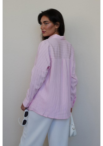 Madmext Pembe Uzun Kollu Çizgili Oversize Gömlek Mg2080 Pembe
