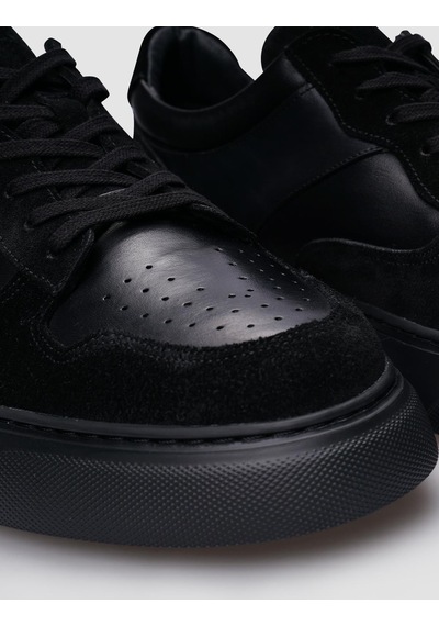 %100 Hakiki Deri Siyah Süet Bağcıklı Erkek Sneaker-siyah Siyah
