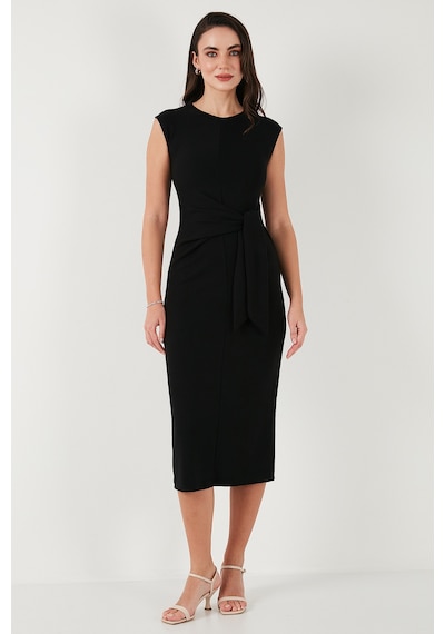 Lela Slim Fit Bisiklet Yaka Bağlama Detaylı Midi Bayan Elbise 5866164 Siyah