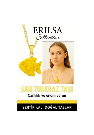Erilsa Sertifikalı Sarı Renkli Balık Model Sarı Turkuaz Taşı Kolye Ene Çok Renkli