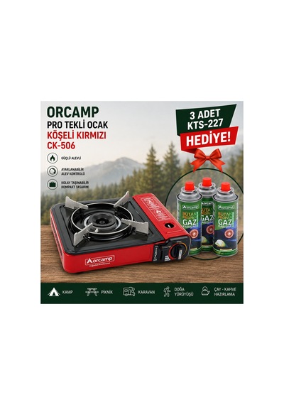 Orcamp Pro Ck-506 Köşeli Kırmızı Tekli Ocak 3 Adet Kts-227 Gaz Kartuşu Hediyeli Kırmızı
