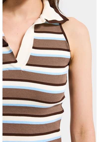 Kadın Mavi Kahve S6-103 Crop Fit Polo Yaka İnce Yazlık Triko Body
