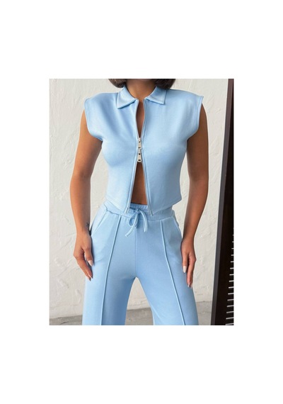 Meecy Kadın Polo Yaka Fermuarlı Crop Yelek Ve Geniş Paça Çimalı Pantolon İkili Takım Mavi Mavi Meecy Kadın Polo Yaka Fermuarlı Crop Yelek Ve Geniş Paça Çimalı Pantolon İkili Takım Mavi Mavi