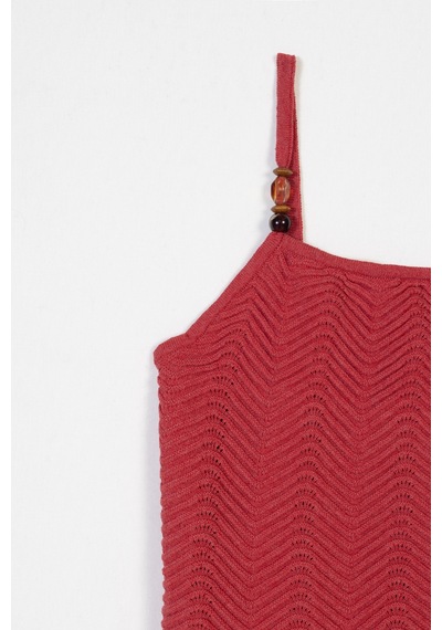 Halter Yaka Boncuk Detaylı Askılı Triko Top Kırmızı