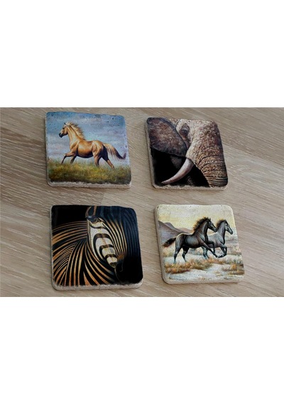 Zebra Fil Ve Atlar Doğal Taş Bardak Altlığı 4'lü Set - Natural Stone Coasters - Taş Çok Renkli