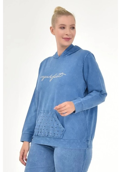 Mia Butik Kadın Büyük Beden İtalyan Yıkama Mavi Kapşonlu Sweatshirt Mavi