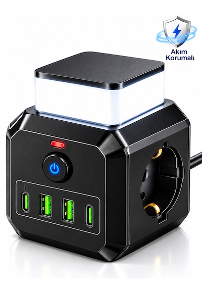 Akım Korumalı 3'lü Priz 2200w 1050j 10a Gece Lambalı 2 Usb 2 Type-c Şarj Girişli 0.2 M