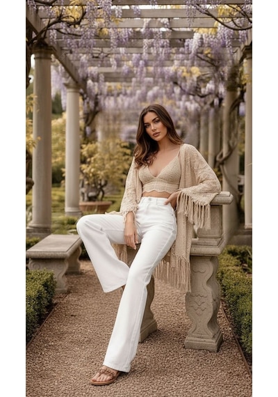 Beyaz Yüksek Bel Denim Palazzo Pantolon- Bol Paça Şık Model Beyaz
