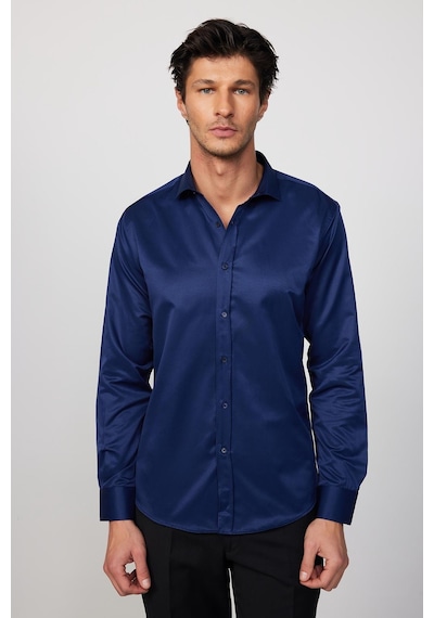 Tudors Modern Slim Fit Düz Saten Pamuklu Lacivert Erkek Gömlek-29475-lacivert Lacivert