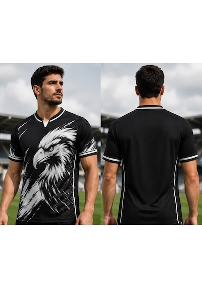 Yenteks Yetişkin Futbol Forması Kartal Desen Siyah Beyaz Özel Tasarım Forma Beyaz - Siyah