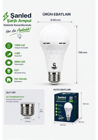 Şarjlı Akülü 30w Beyaz Işık Led Ampul 2 Adet 2 Adet