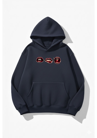 Uyguntarz Unisex Yumuşak Dokulu 3'lü Dudak Baskılı Tasarım Oversize 3 İplik Hoodie Sweatshirt Indigo