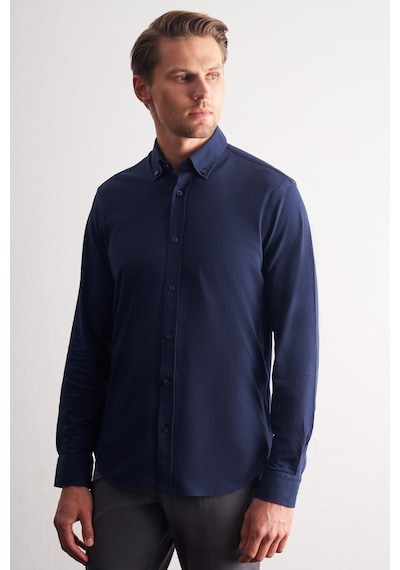 İmza Lacivert Düğmeli Yaka Kendinden Desenli Örme Uzun Kol Performans Ürün Slim Fit %100 Pamuk Gömlek 1004255272 Lacivert