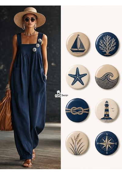 8 Li Set-3 Deniz Temalı Rozet Seti Lacivert Bej Sailor Marin Yelken Deniz Yıldızı Pusula Broş Pin Çok Renkli