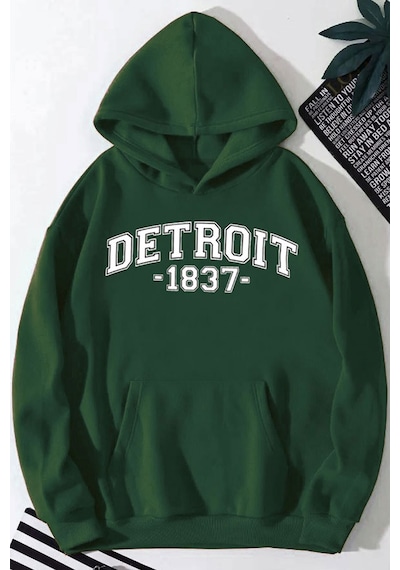 Medinenur Detroit Baskılı Kapüşonlu Sweatshirt Yeşil