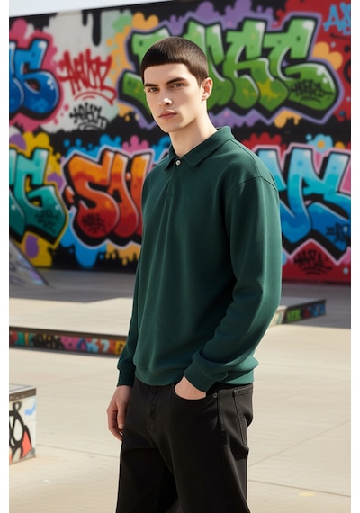 Benerly Erkek Polo Yaka Standart Kol Oversize Kalın Çıtçıtlı Sweatshirt F Yeşil