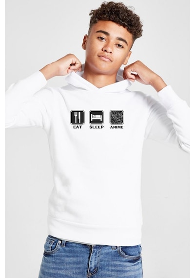 Tshirthane Eat Sleep Anime Beyaz Çocuk 3ip Kapşonlu Sweatshirt 001
