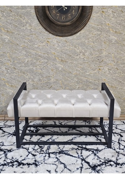 Zafir Siyah Boyalı Metal 80 Cm Puf Bench - Antre Puf - Hol Bench - Puf - Oturak - Bench Krem