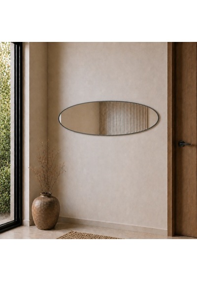 Modern Oval Boy Aynası 40x120 Cm İnce Çerçeveli Minimalist Dekoratif Duvar Aynası Gri