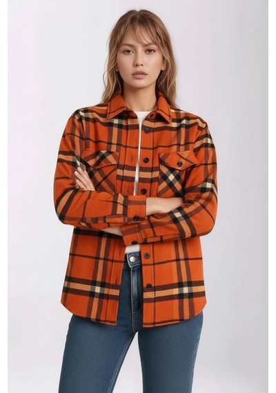 Mamayaga Kadın Desen Bloklu Oduncu Oversize Bol Ve Geniş Kalıp Casual Cepli Yakalı Ceket Gömlek Turuncu