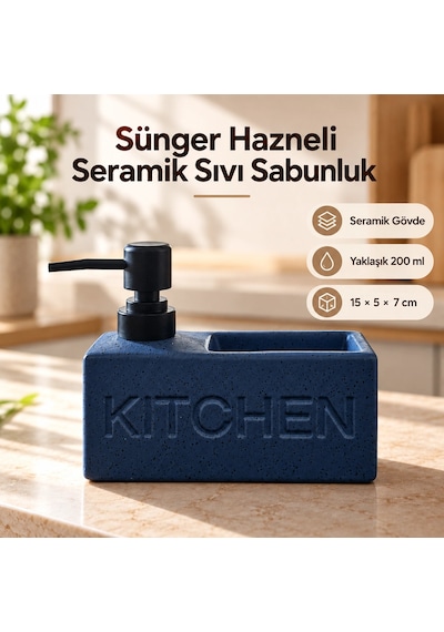Sünger Hazneli Seramik Sıvı Sabunluk - Mavi Çok Renkli