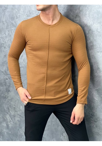 Modefendi Ön Detayı Çizgi Detaylı Pamuklu Sweatshırt Kahverengi