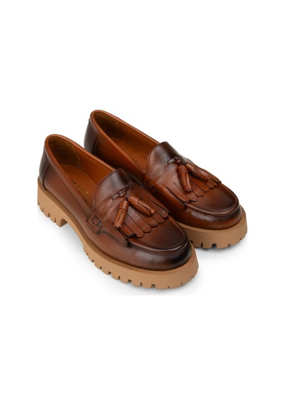 Deery Kadın Hakiki Deri Taba Renkli Püsküllü Loafer - 02033ztbac02