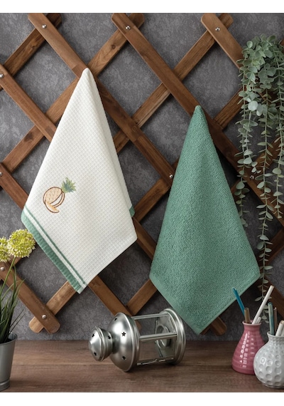 2 Li Mutfak Havlusu Seti - Mint Yeşili Ananas Nakışlı Pamuk Kurulama Bezi - 40x60 Cm Mint Yeşili
