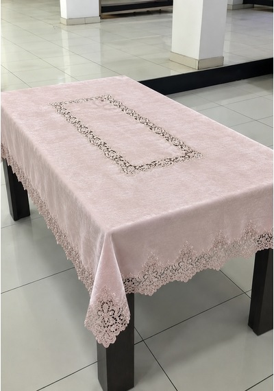 Almila Home Fransız Dantel Kadife 140X180 Masa Örtüsü Pudra D16