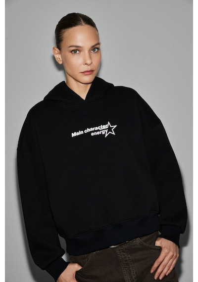 Grımelange Teraly Kadın Organik Pamuklu Polarlı Kumaşlı Baskı Detaylı Siyah Sweatshirt Siyah