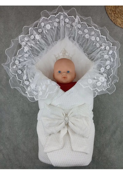 Yenidoğan Kumru Soft Cotton Taç Nakışlı Trilüks Kundak Bebek Battaniyesi Ekru Çok Renkli