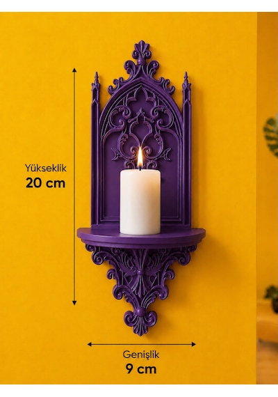 Gotik Katedral Duvar Şamdanlığı Dekoratif Mumluk Duvara Monte Gotik Duvar Dekoru 20x9 Cm Mor