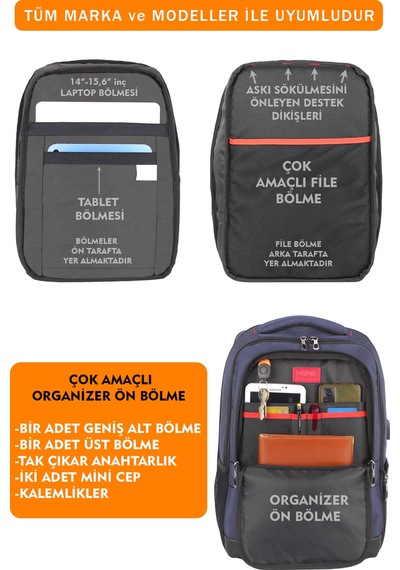 14"-15,6" İnç Körüklü Lacivert Laptop Sırt Çantası Unisex Su Geçirmez Kumaş Lacivert
