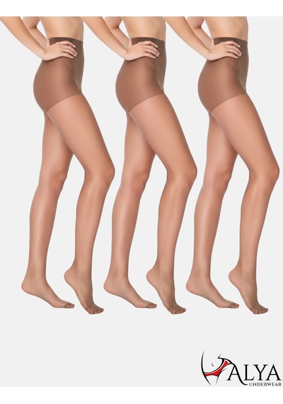 Alya Underwear Kadın Külotlu Çorap, Parlak İnce, 15 Denye, Fit, 3'lü Paket, Kestane Kestane 44