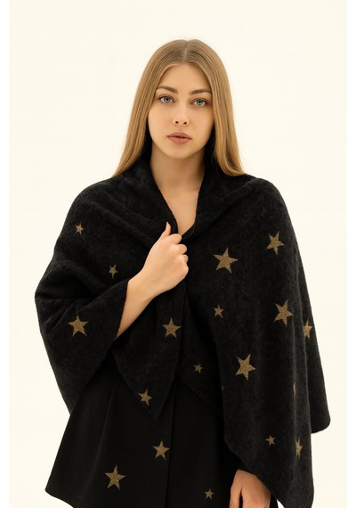 Trikoşal Gold Sim İplikten İşlenmiş Yıldız Motifli Triko Şal Yumuşak Dokulu, Rahat Ve Şık-taşınabilir Çantalı Altın - Siyah Trikoşal Gold Sim İplikten İşlenmiş Yıldız Motifli Triko Şal Yumuşak Dokulu, Rahat Ve Şık-taşınabilir Çantalı Altın - Siyah